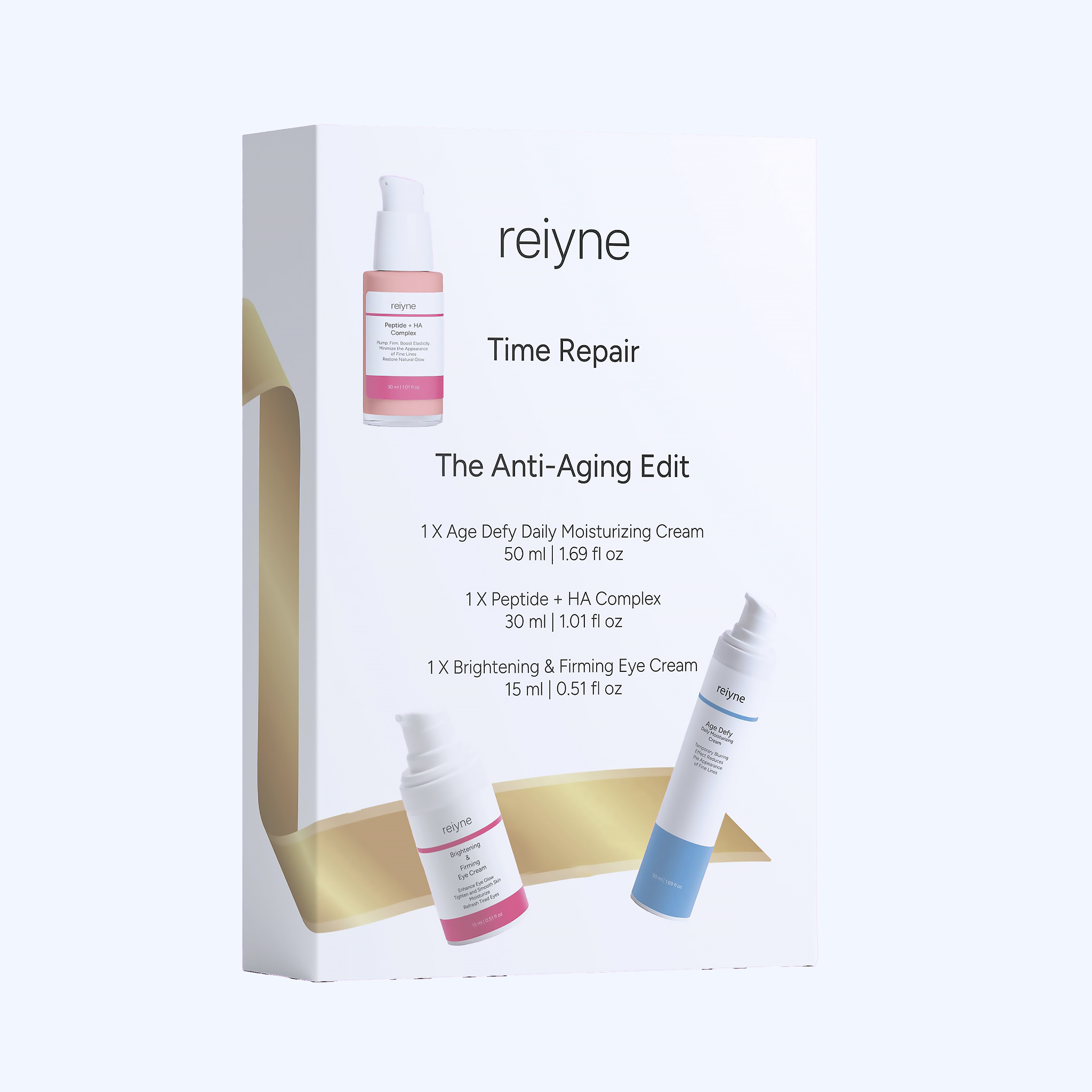 Reiyne Time Repair Anti-Aging Edit with Age Defy in a blue and white airless pump and Peptide + HA Complex in a purple and white airless pump bottle with Brightening & Firming Eye Cream in a blue and white airless pump bottle