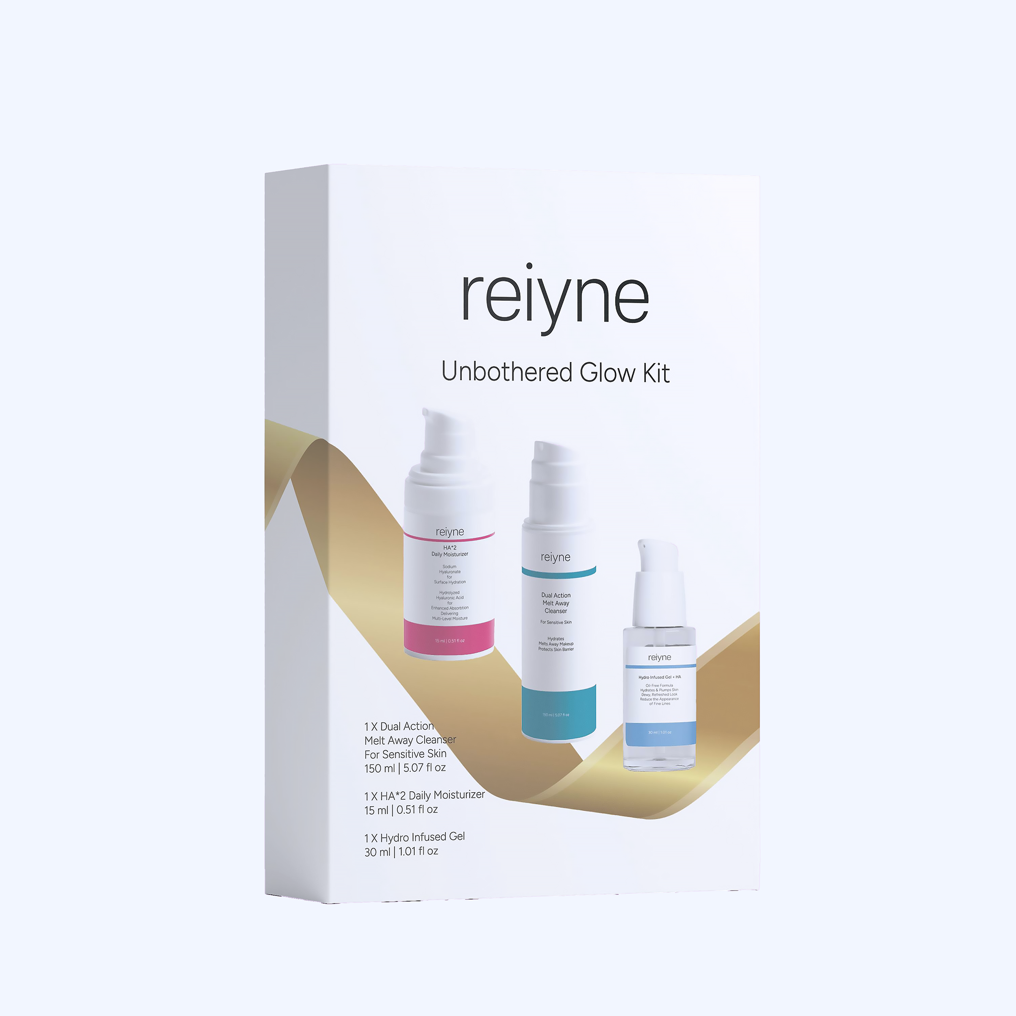 Reiyne Unbothered Glow Kit contains dual action melt away cleanser for sensitive skin in a blue an white airless pump bottle, HA*2 Daily Moisturizer in a blue and white airless pump bottle and Hydro infused Gel in a blue and white airless pump bottle