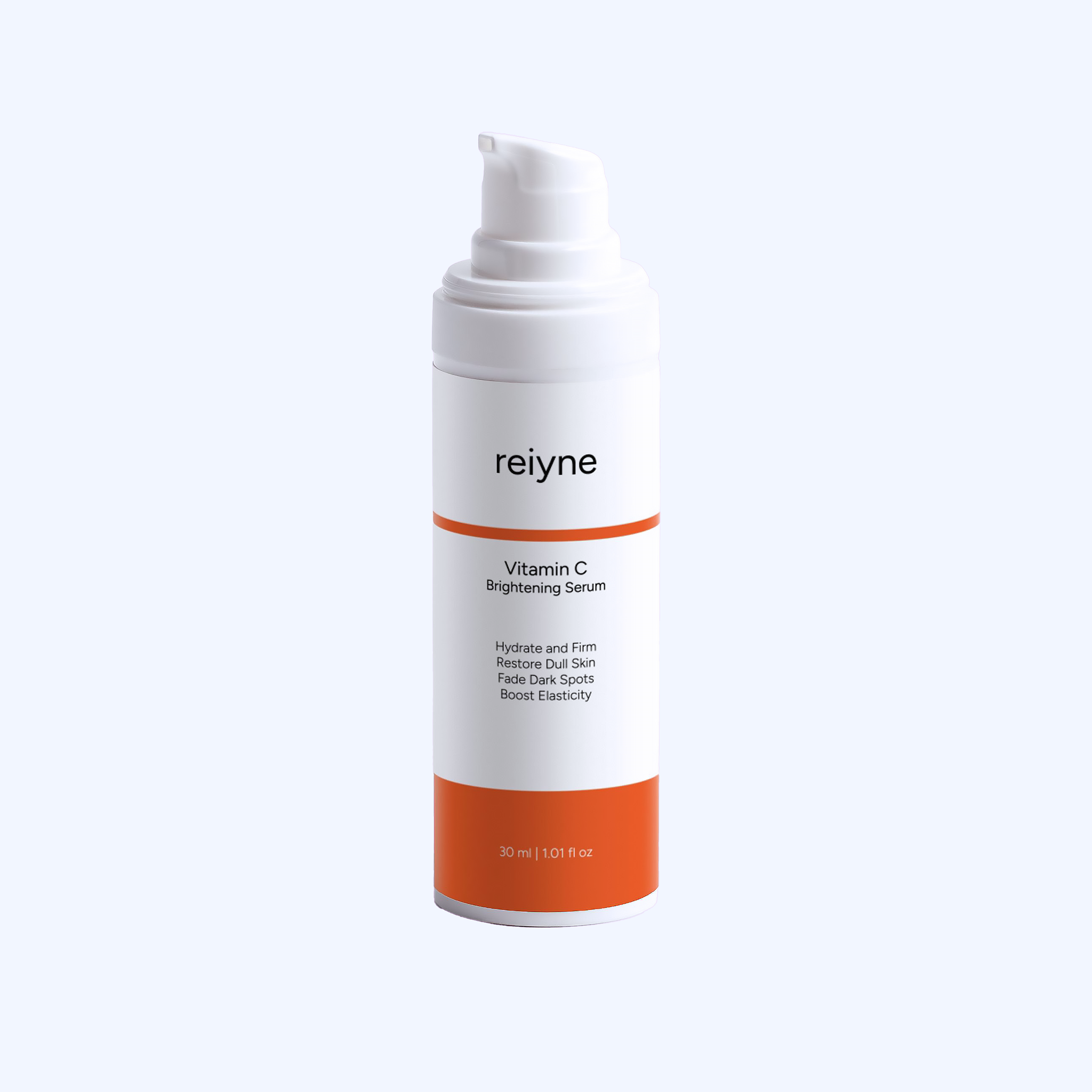 Reiyne Vitamin C Brightening Serum in a white airless pump bottle and a purple and white label