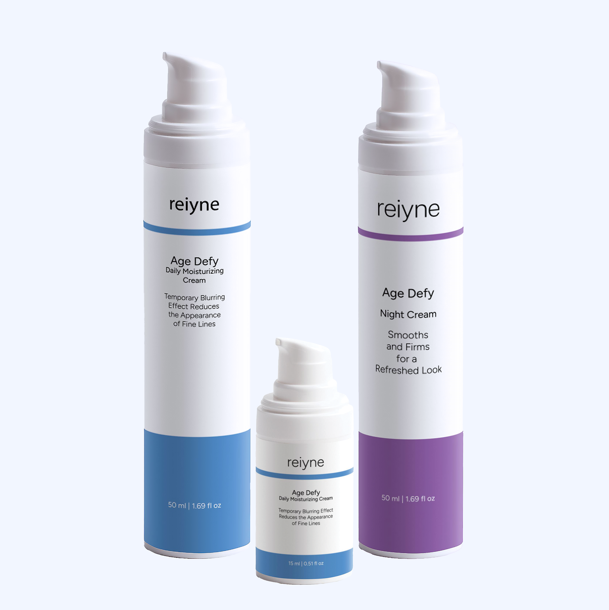 Three skincare cream bottles labeled 'reiyne' on a white background