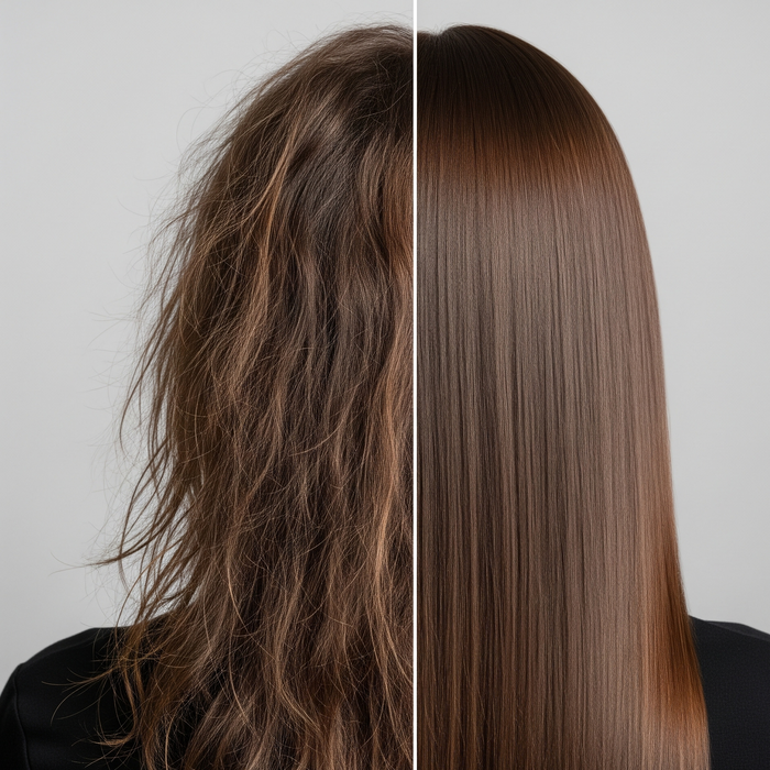 A before and after image of a woman's hair with hair damage