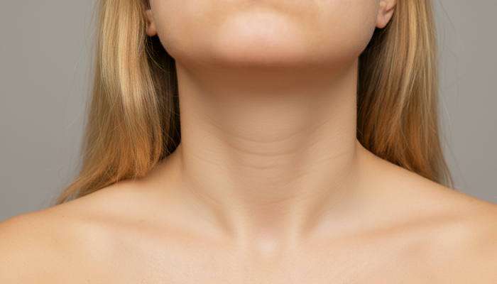 Image of a woman's neck with minor wrinkles from tech neck.