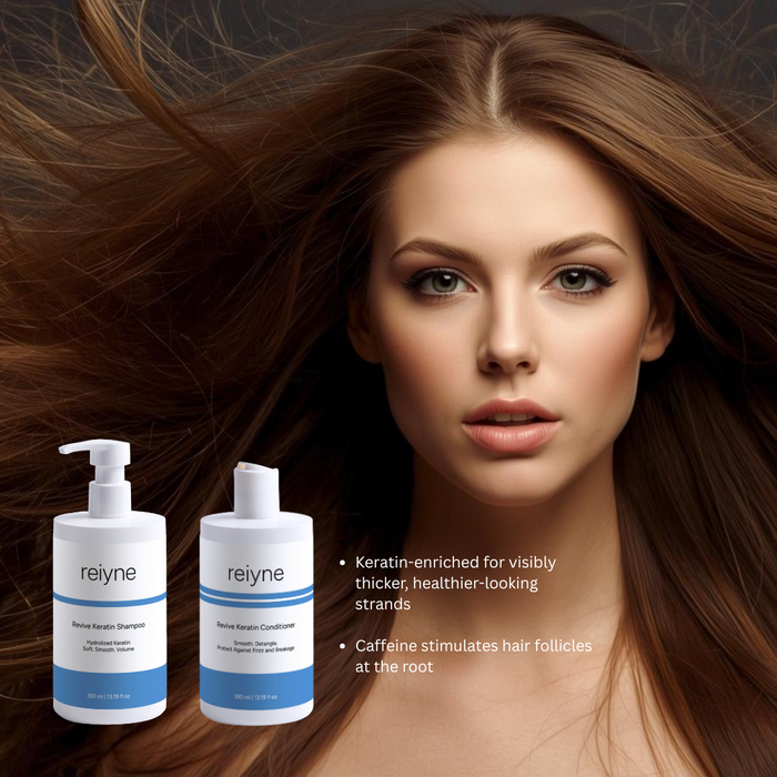 Image of a woman with Reiyne Revive Keratin Shampoo and Conditioner