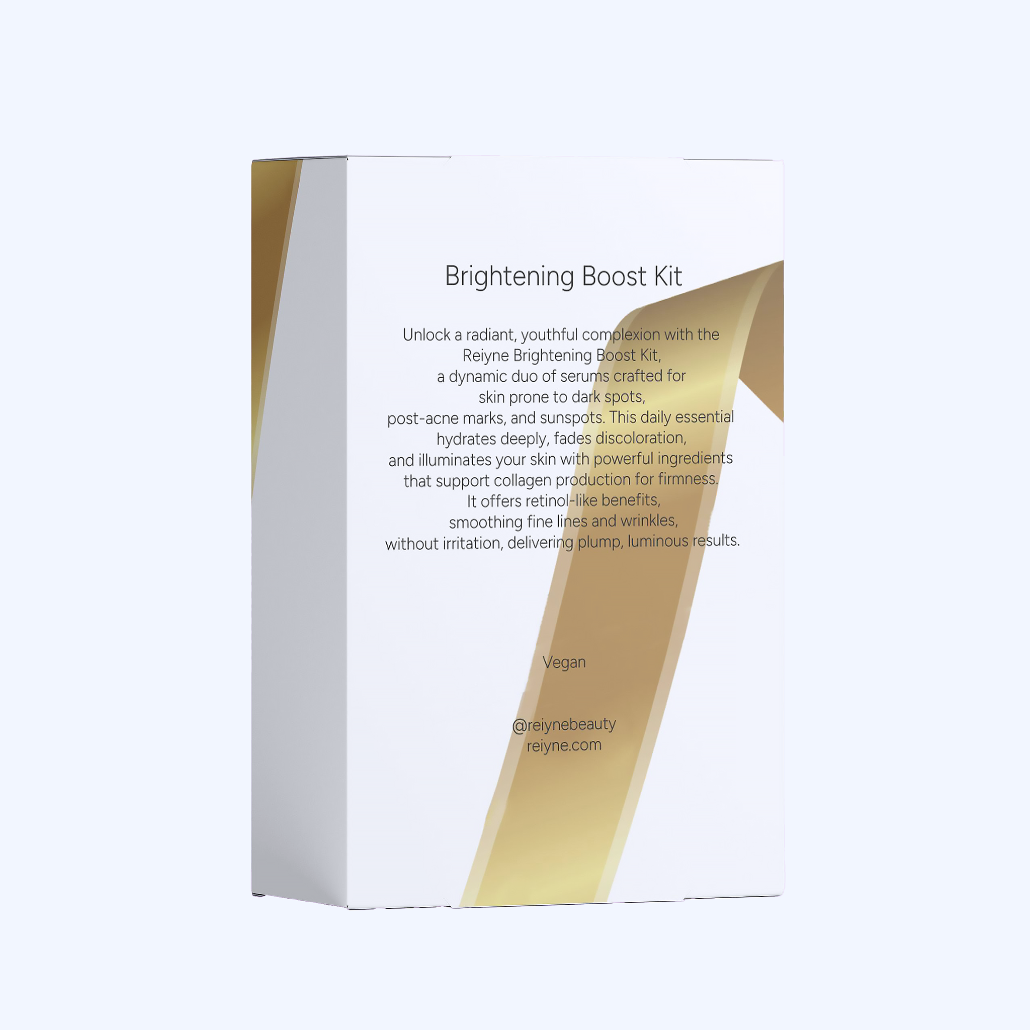 White and gold box of a Reiyne Brightening Boost Kit on a white background