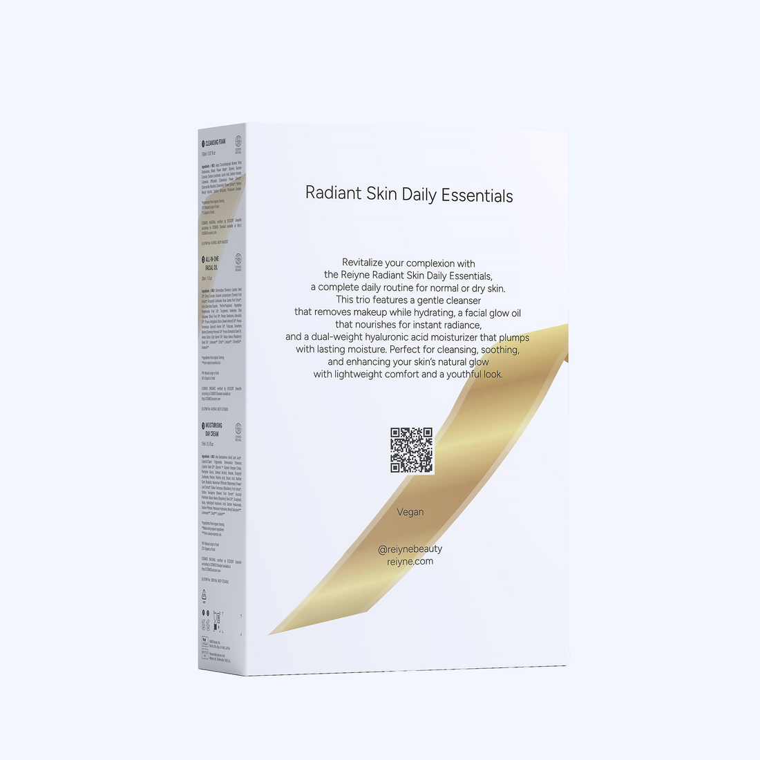 Radiant Skin Daily Essentials packaging with gold and white design on a light gray background