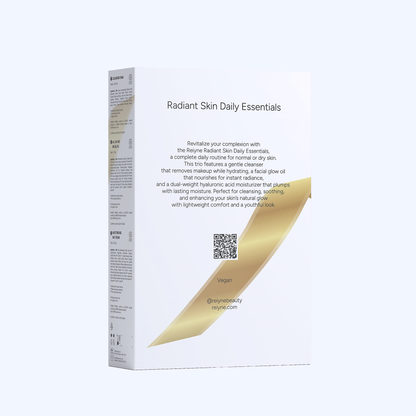 Radiant Skin Daily Essentials packaging with gold and white design on a light gray background