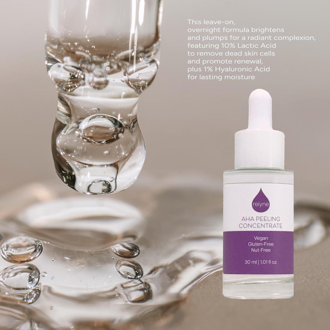 Reiyne AHA Peeling Concentrate in a clear bottle with white dropper and a purple and white label