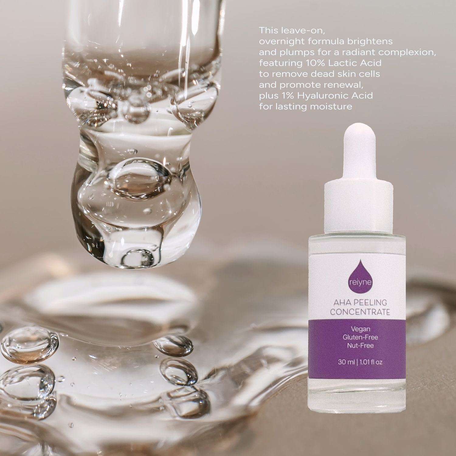 Reiyne AHA Peeling Concentrate in a clear bottle with white dropper and a purple and white label
