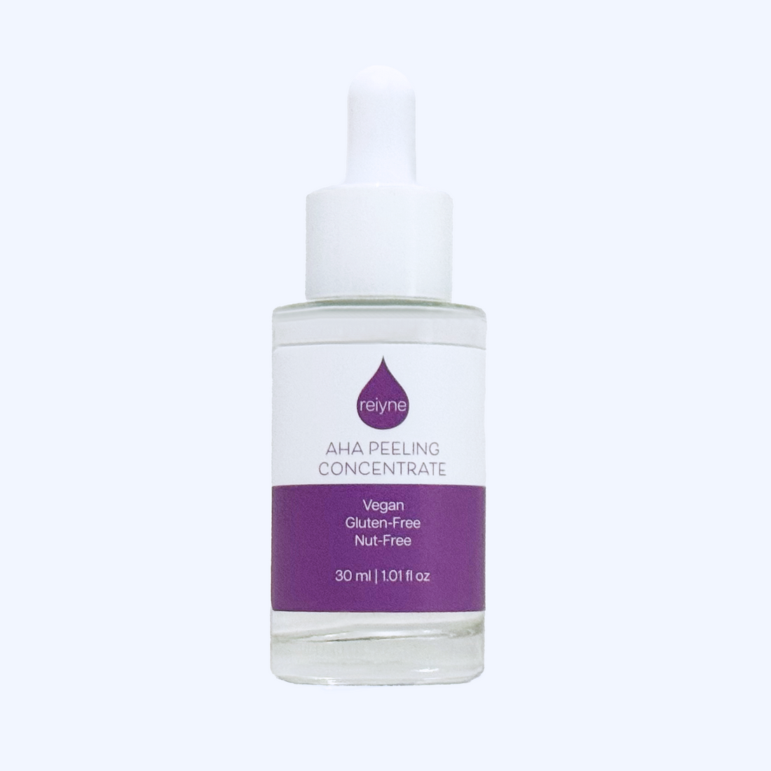 Reiyne AHA Peeling Concentrate in a clear bottle with white dropper and a purple and white label