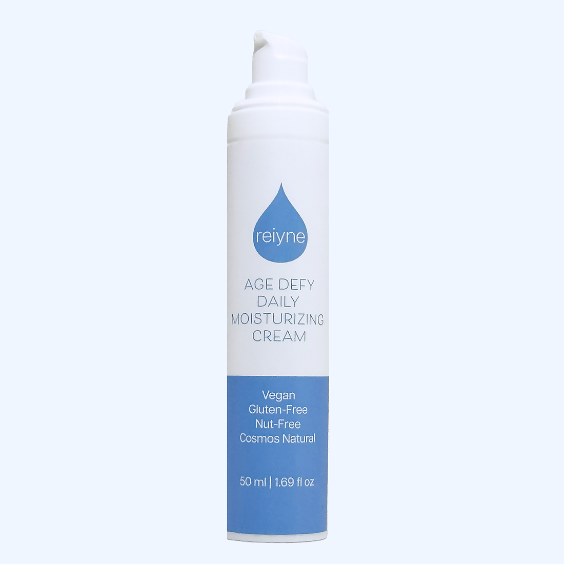 Reiyne Age Defy Daily Moisturizer in a white airless pump bottle with blu and white label 