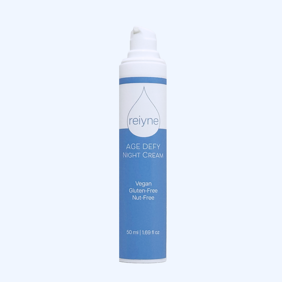 Reiyne Age Defy Night Cream front of bottle with white and blue label