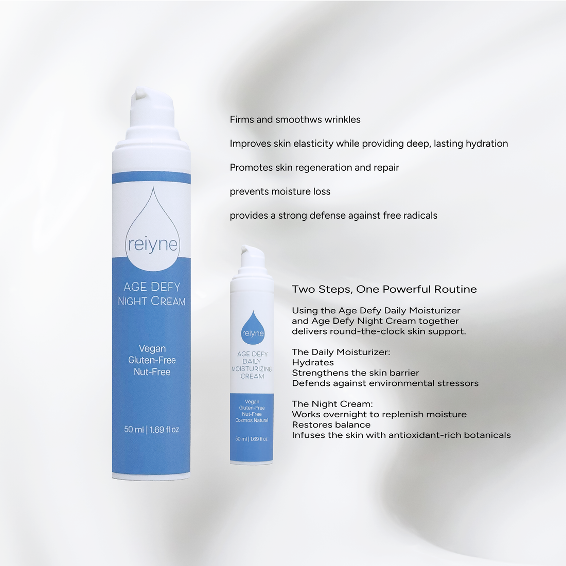 Reiyne Age Defy Night Cream front of bottle with white and blue label