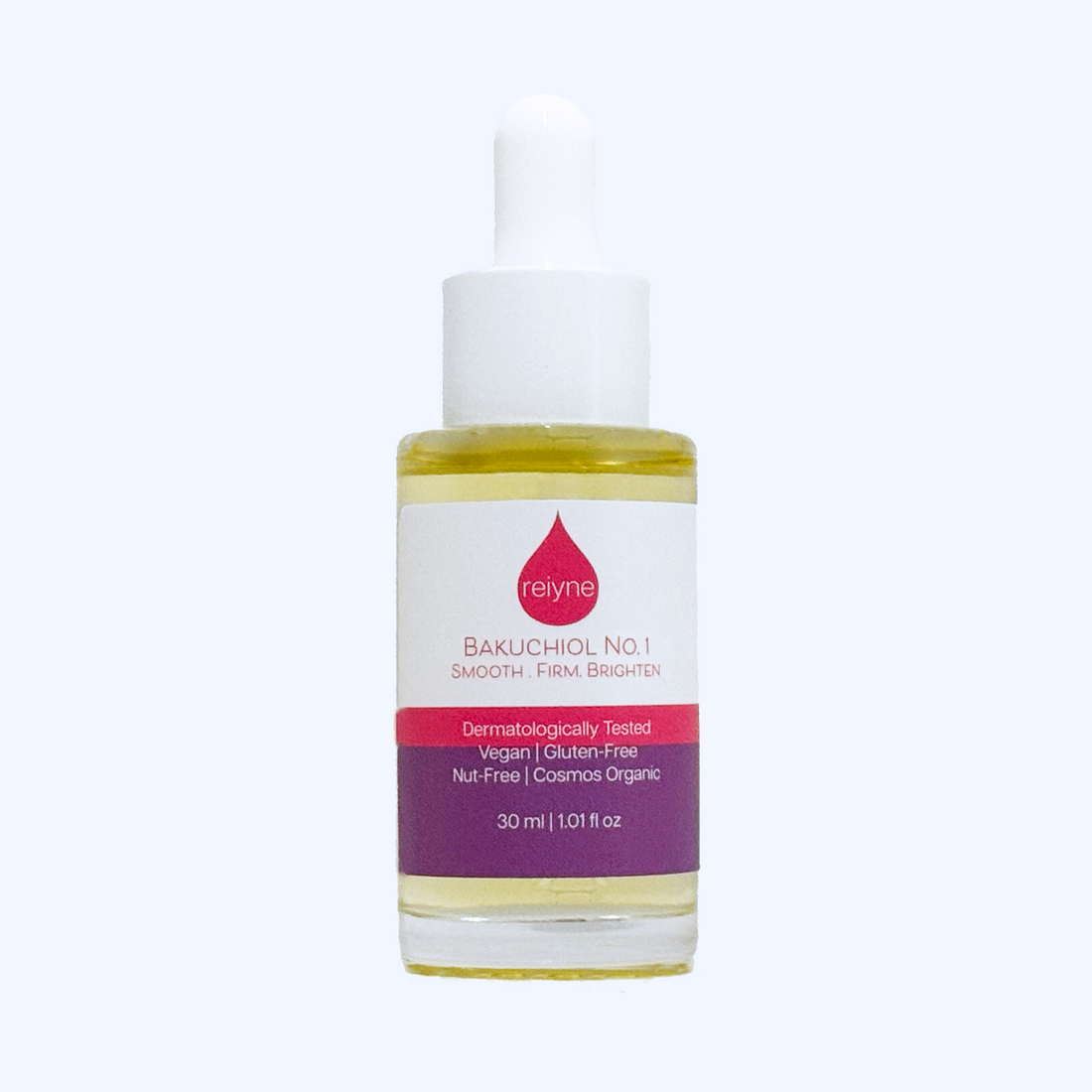 Reiyne Bakuchiol No. 1 in a clear bottle with a white dropper and a purple pink and white label