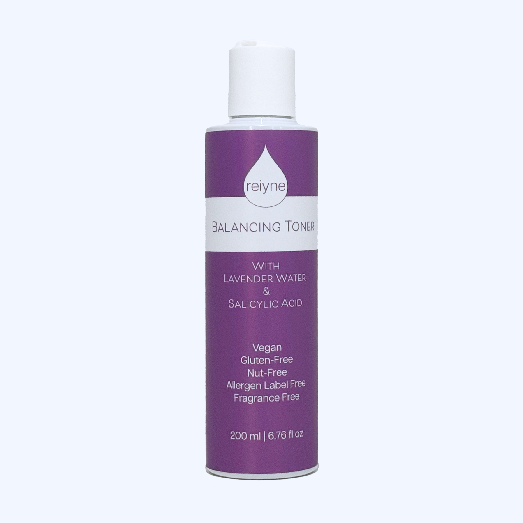 Reiyne Balancing Toner with Lavender and Salicylic Acid in a white bottle with purple and white label