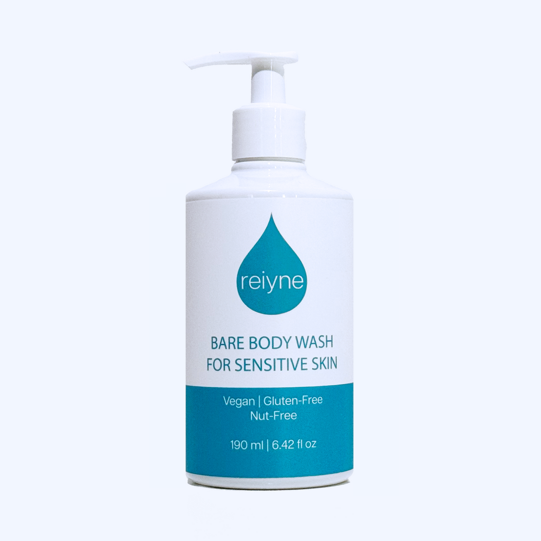 Reiyne Bare Body Wash for Sensitive Skin in a white pump bottle and a green and white label