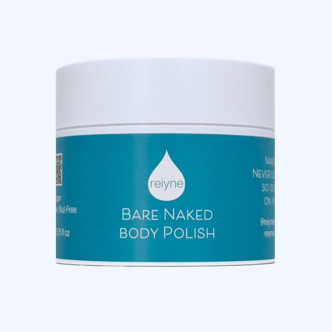 Reiyne Bare Naked Body Polish in a white Jar and a Blue and white label