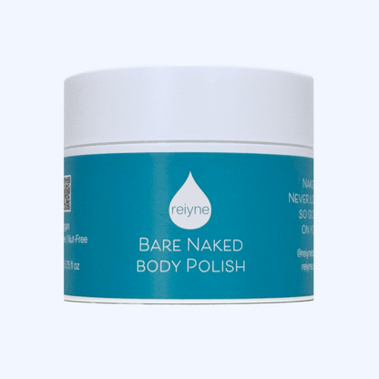 Reiyne Bare Naked Body Polish in a white Jar and a Blue and white label