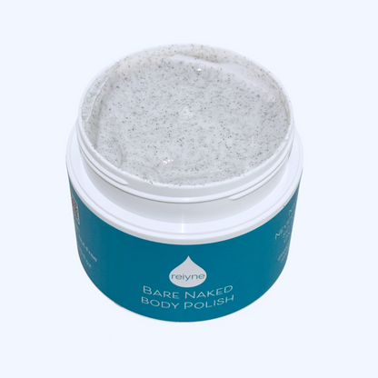 Reiyne Bare Naked Body Polish in a white Jar and a Blue and white label