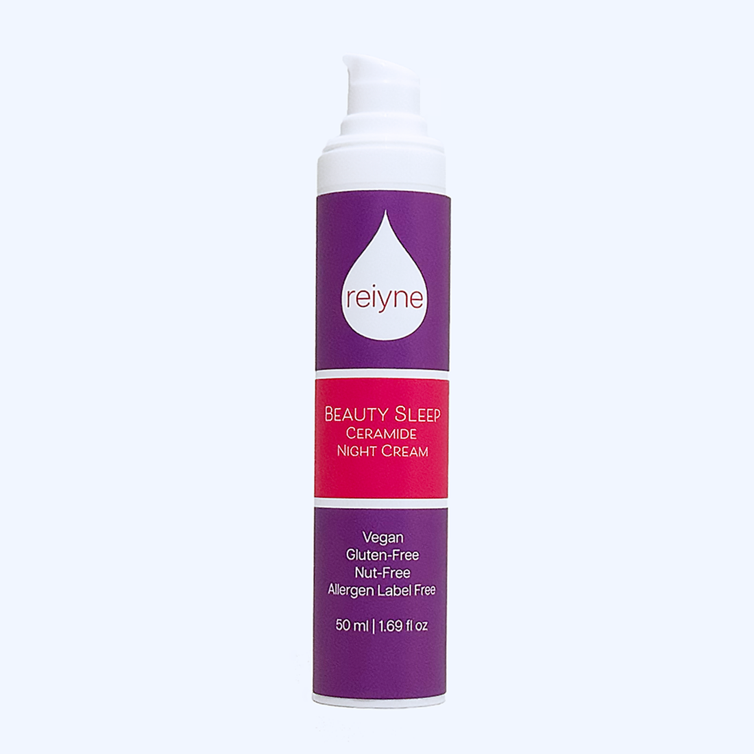 Reiyne Beauty Sleep Ceramide Night Cream in a white airless pump bottle and a purple pink and white label