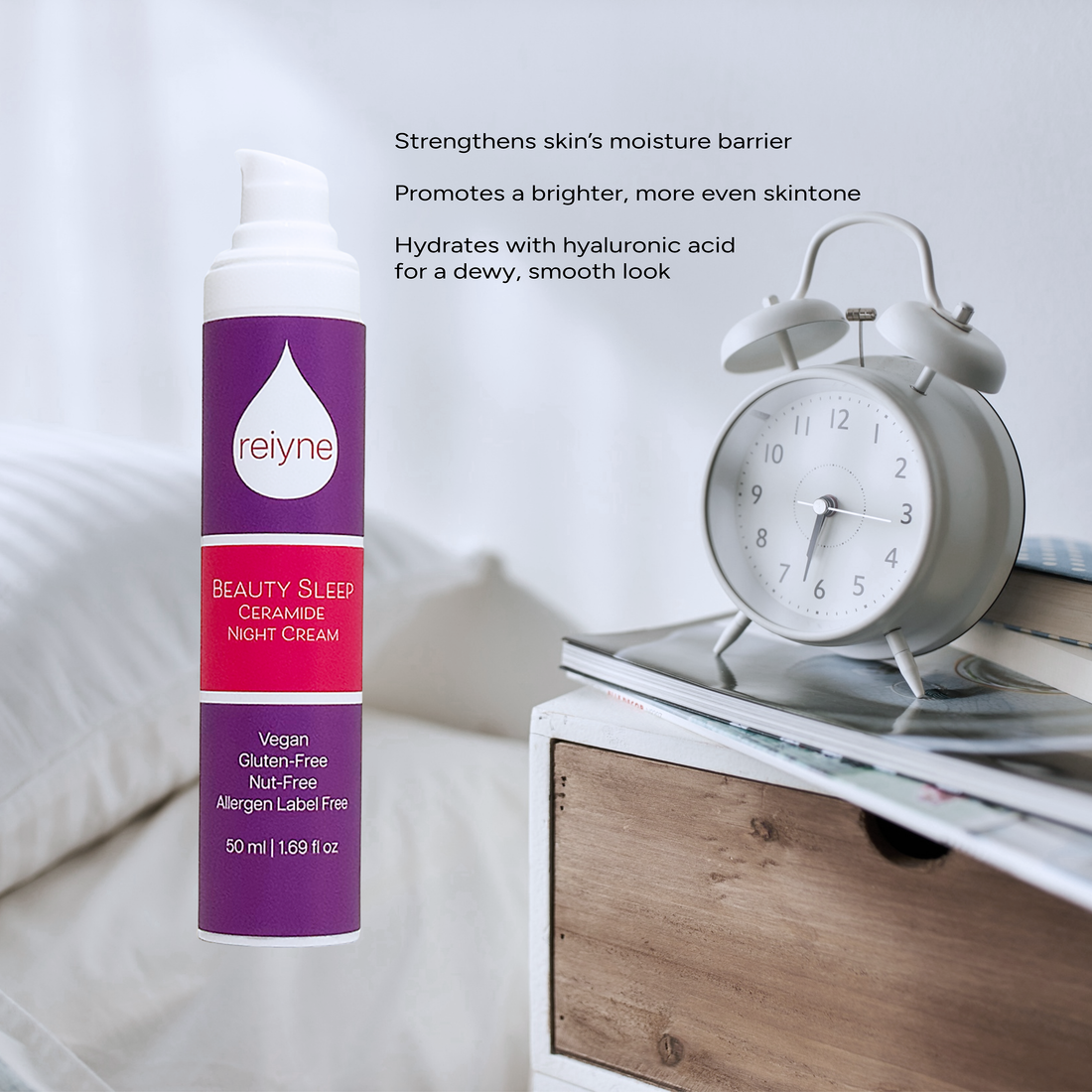 Reiyne Beauty Sleep Ceramide Night Cream in a white airless pump bottle and a purple pink and white label