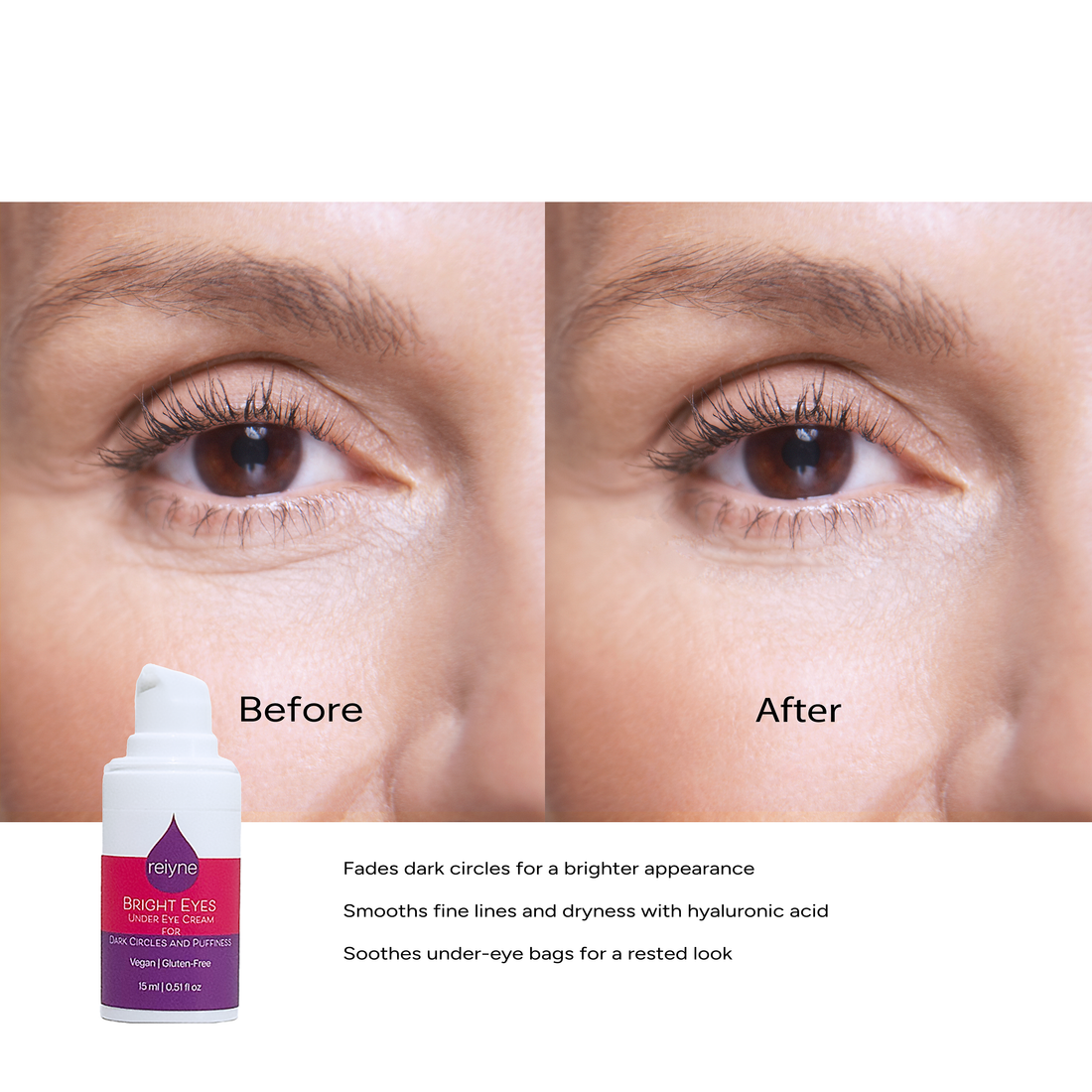 Reiyne Bright Eyes - Under Eye Cream for Dark Circles and Puffiness white airless pump bottle with purple and pink label