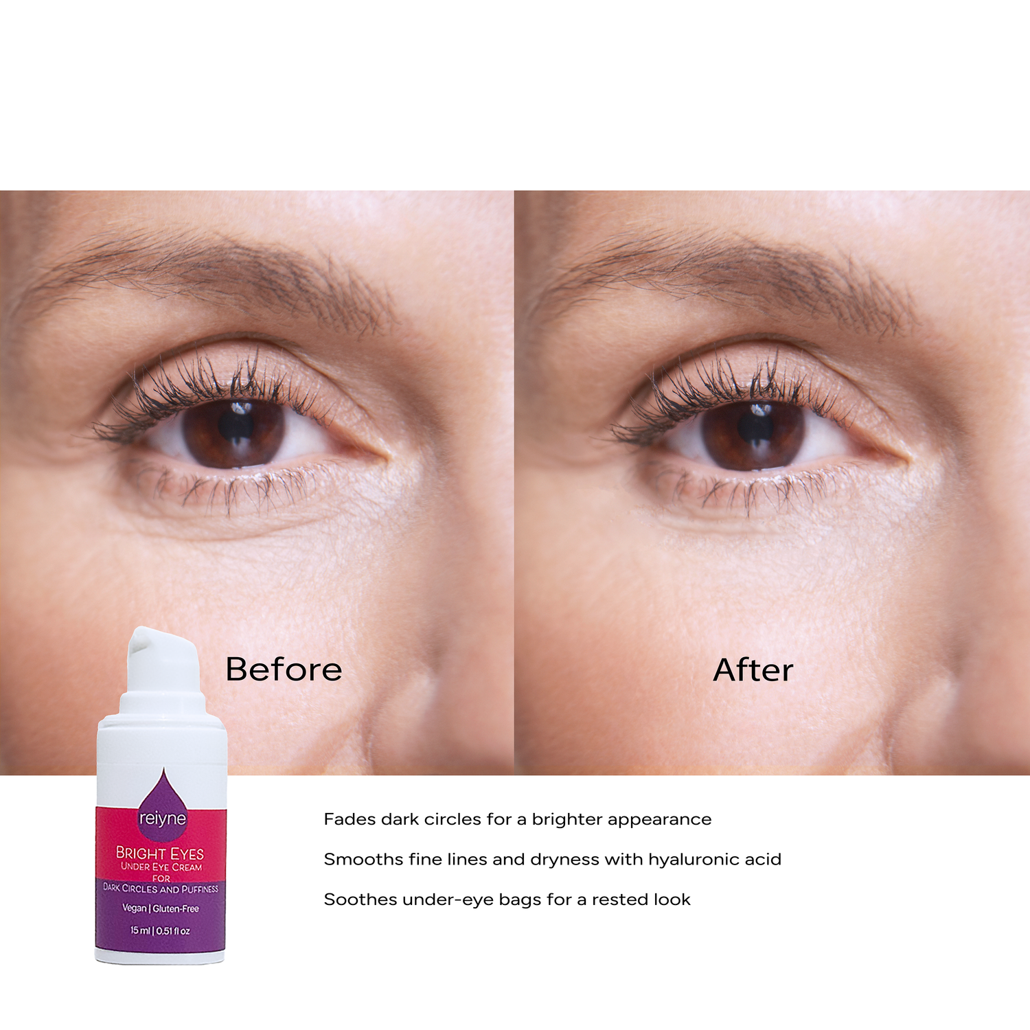 Reiyne Bright Eyes - Under Eye Cream for Dark Circles and Puffiness white airless pump bottle with purple and pink label