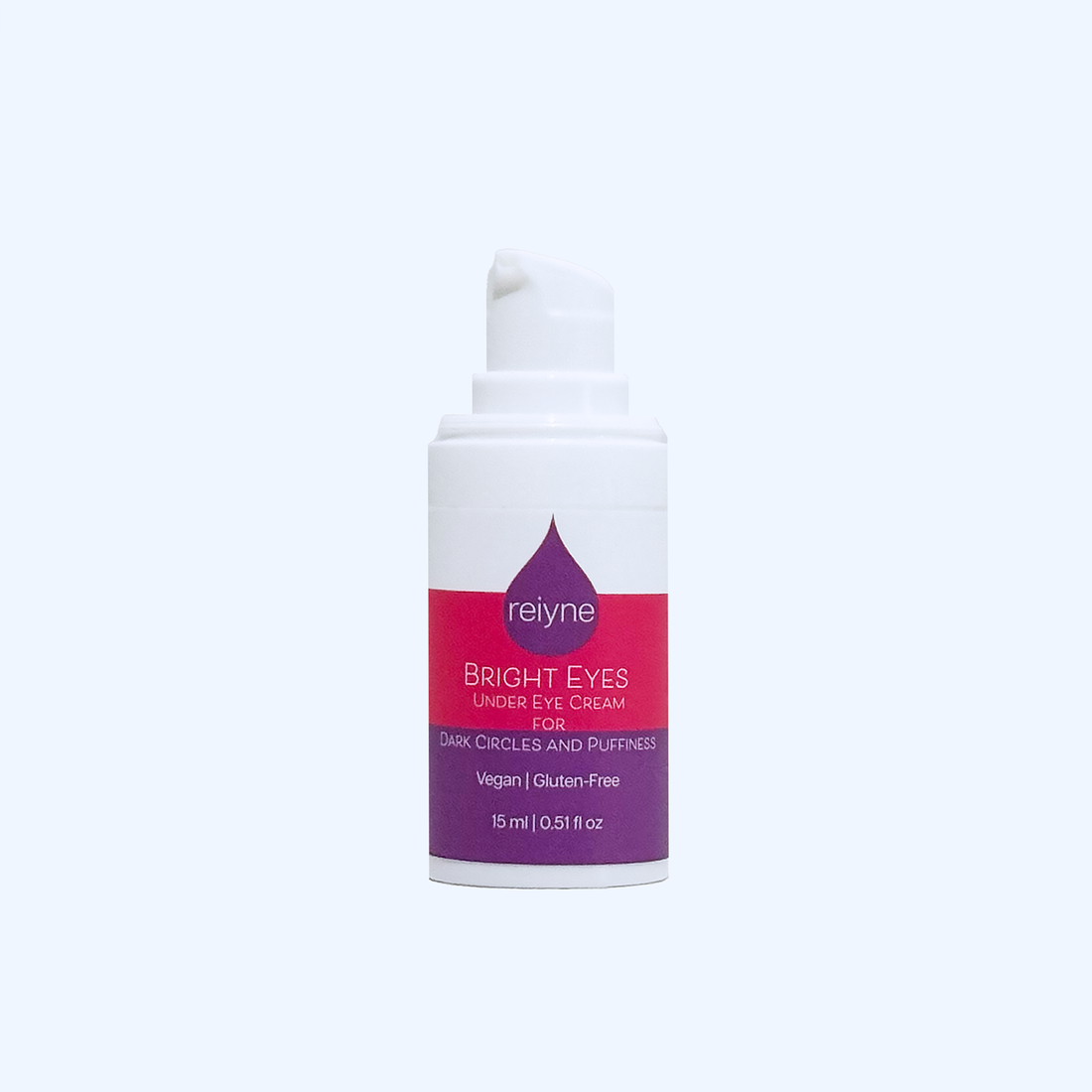 Reiyne Bright Eyes - Under Eye Cream for Dark Circles and Puffiness white airless pump bottle with purple and pink label