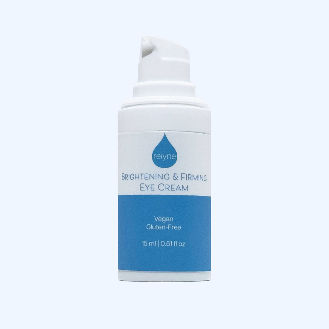 Reiyne Brightening &amp; Firming Eye Cream in a white airless pump bottle and a blue and white label 