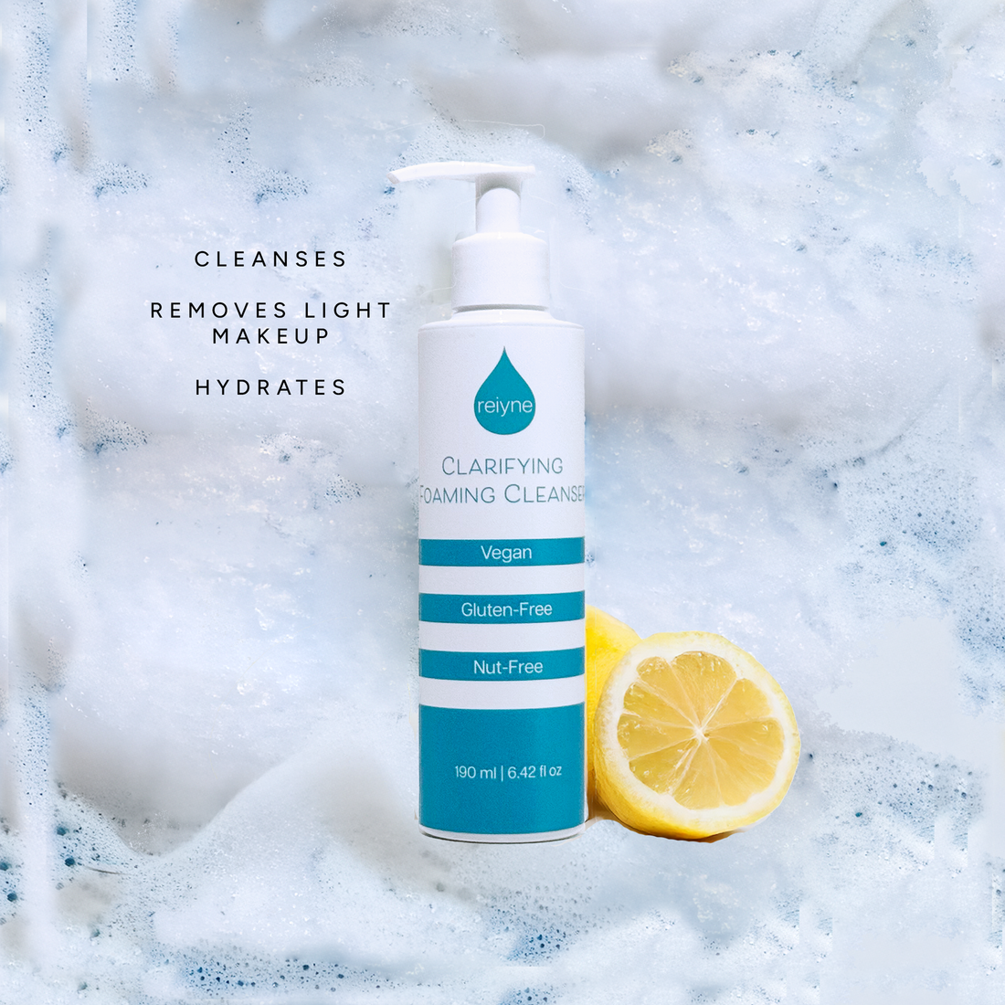 Reiyne Clarifying Foaming Cleanser in a white pump bottle with blue and white label