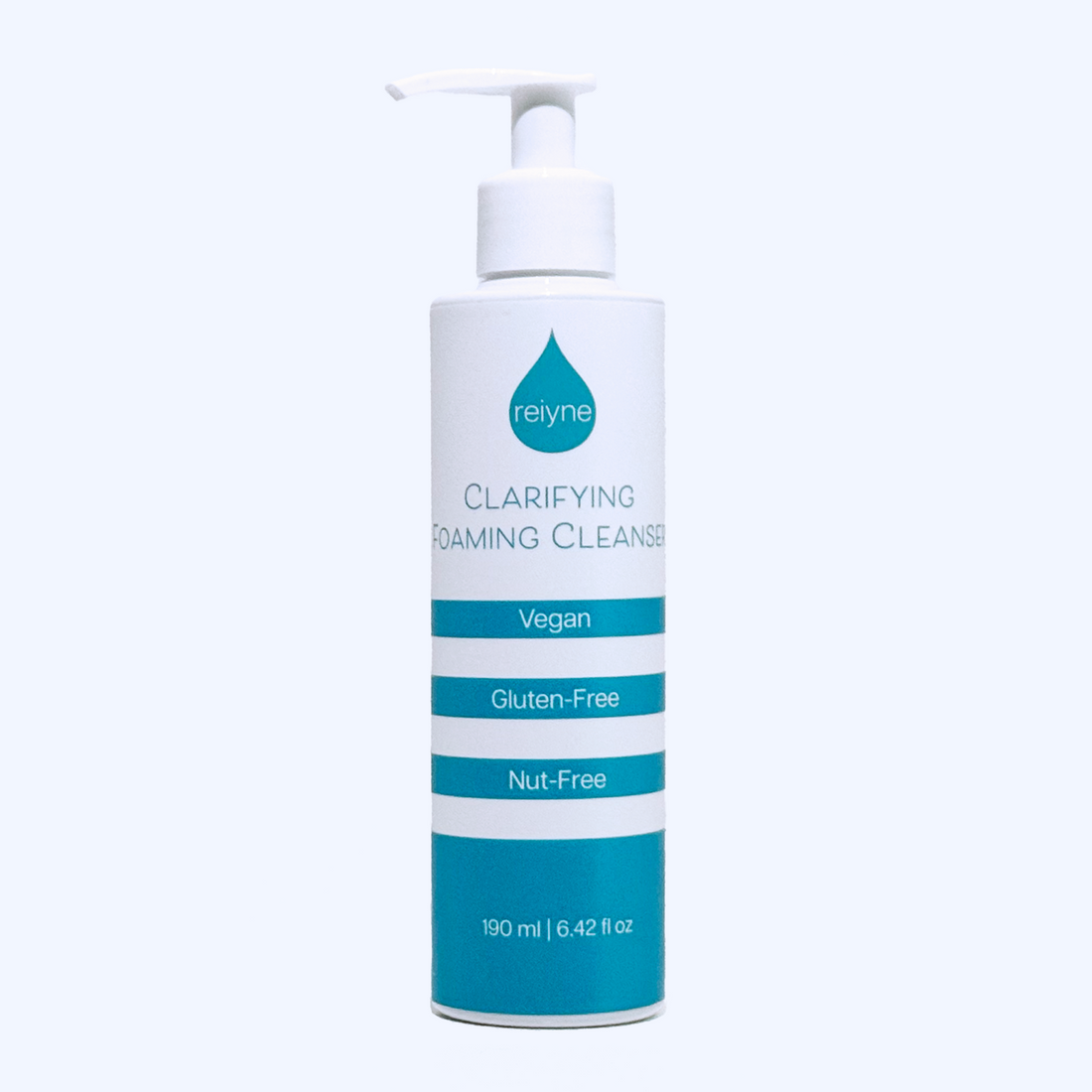 Reiyne Clarifying Foaming Cleanser in a white pump bottle with blue and white label