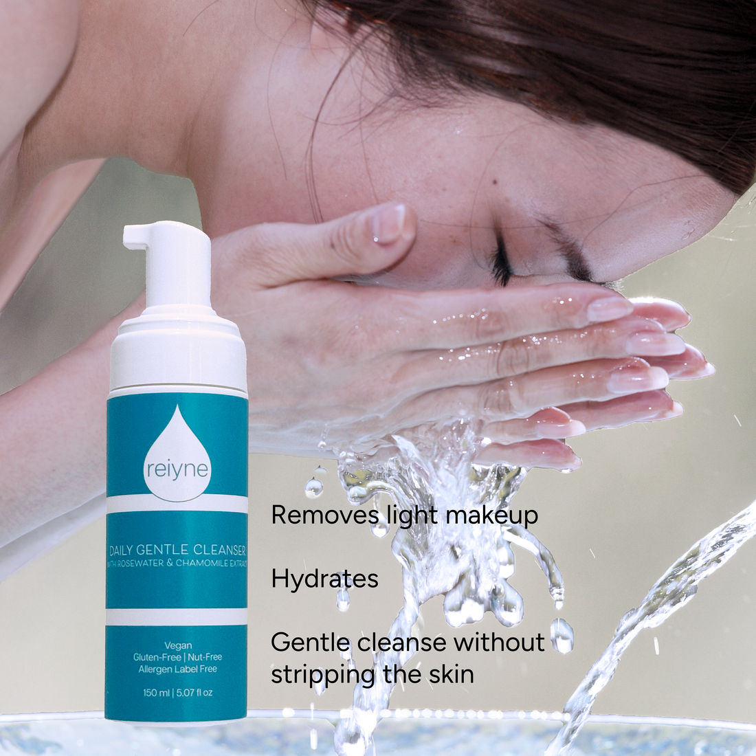 Reiyne Daily Gentle Cleanser in a white pump bottle with blue and white label image with woman washing face