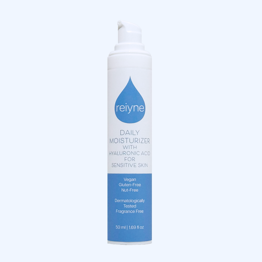 Reiyne Daily Moisturizer with Hyaluronic Acid for Sensitive Skin in a white airless pump bottle with a blue and white label