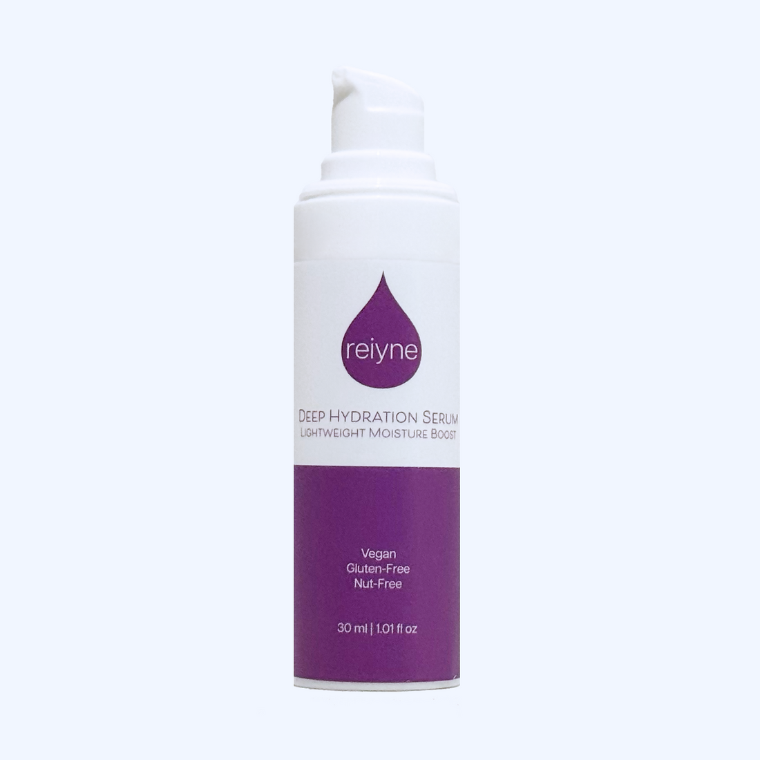 Reiyne Deep Hydration Serum in white airless pump bottle with purple and white label