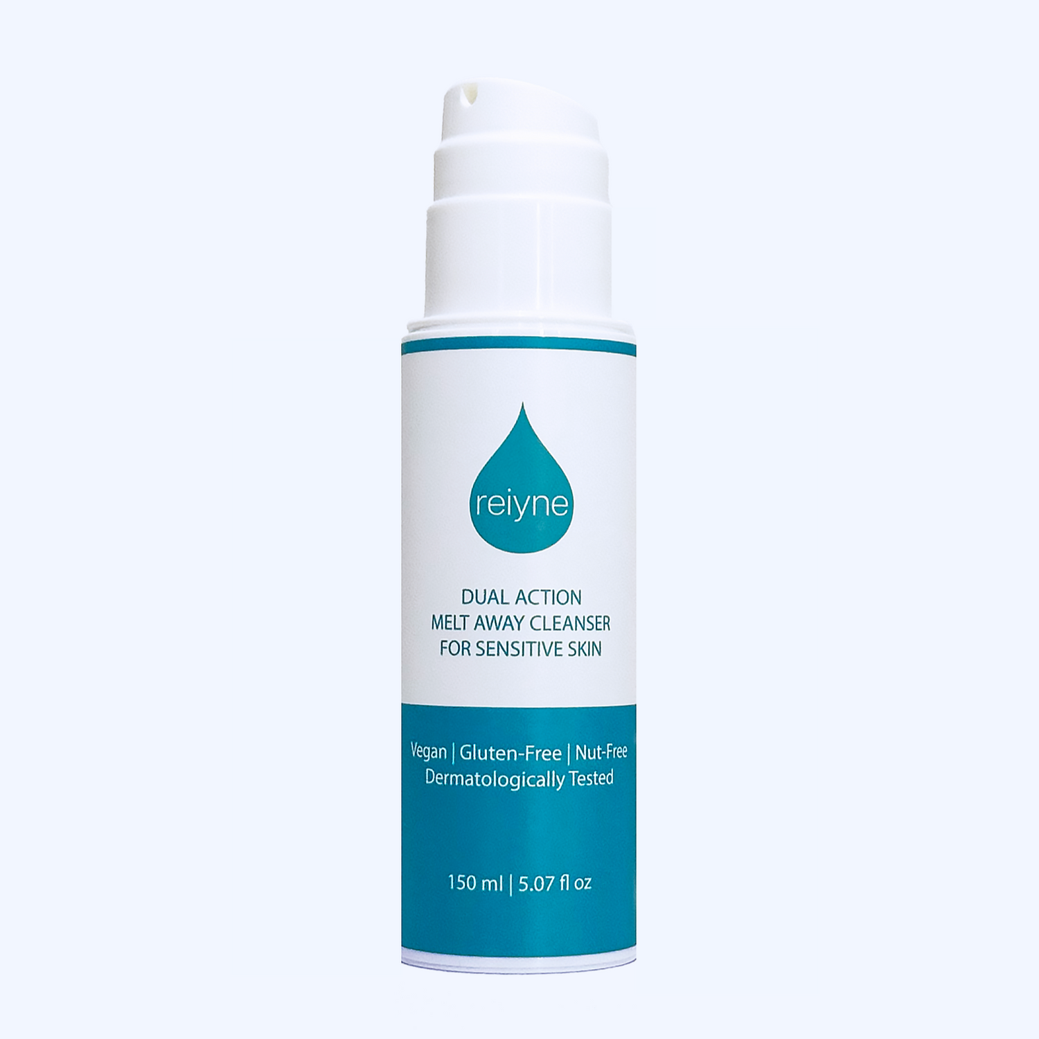 Reiyne Dual Action Melt Away Cleanser in a white airless pump bottle with Blue and white label