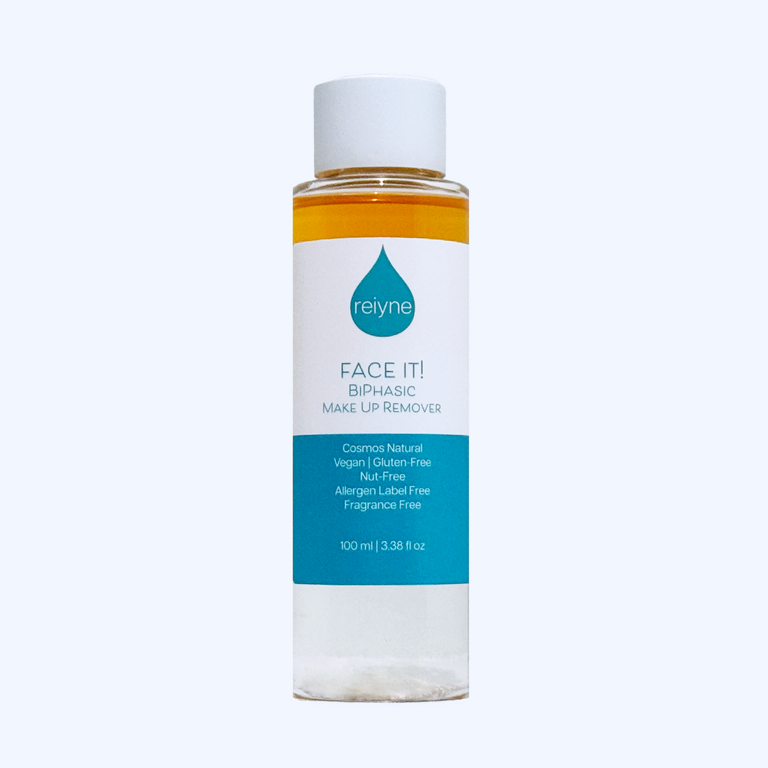 Reiyne Face It! BiPhasic Make Up Remover in a white bottle with green and white label