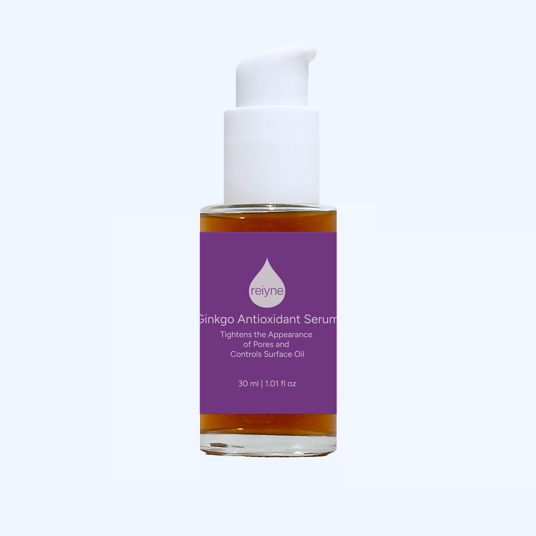 Reiyne Ginkgo Antioxidant Serum in clear bottle with white dropper and purple and white label and box