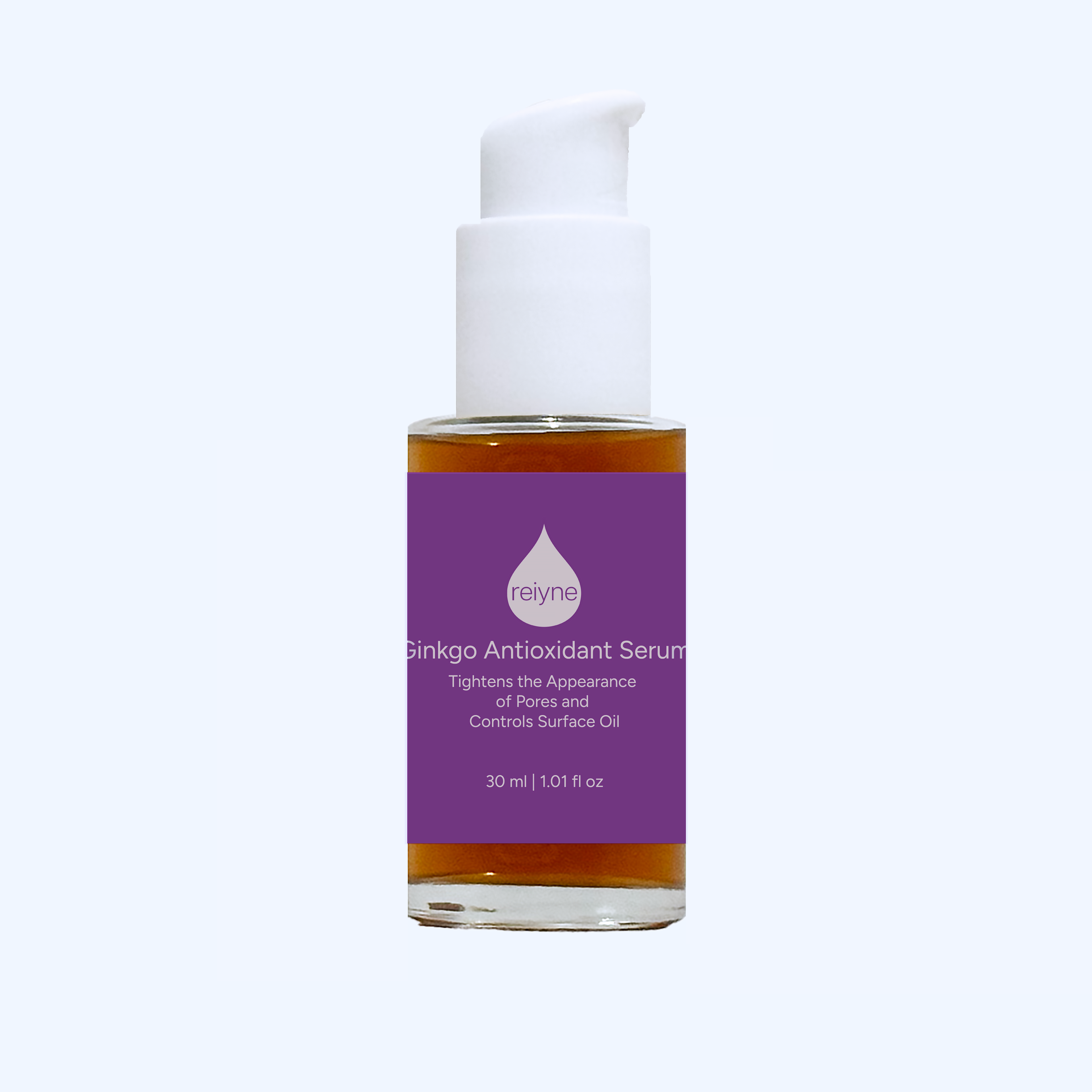 Reiyne Ginkgo Antioxidant Serum in clear bottle with white dropper and purple and white label and box