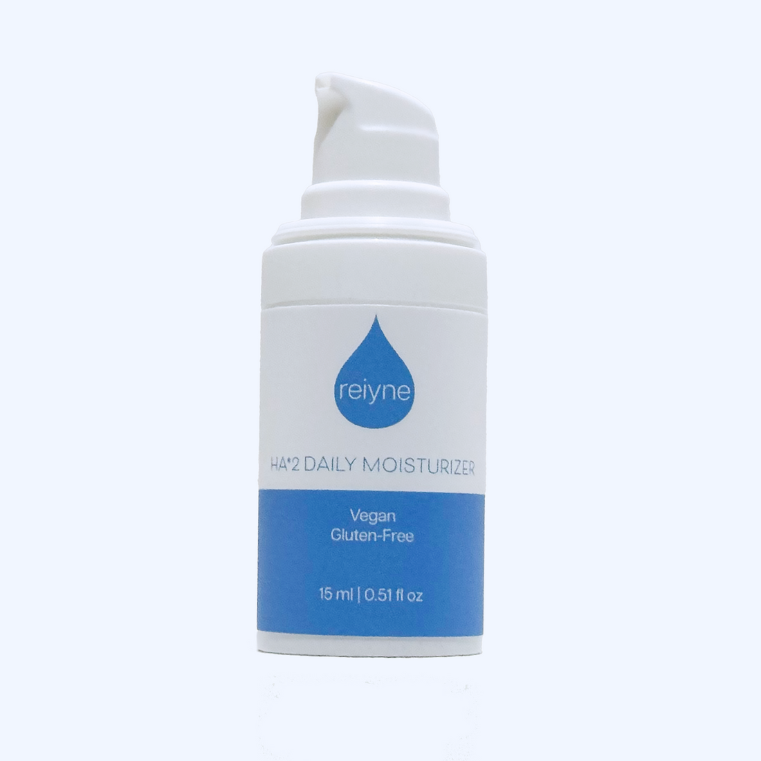 Reiyne HA*2 Daily Moisturizer in a white airless pump with blue and white label