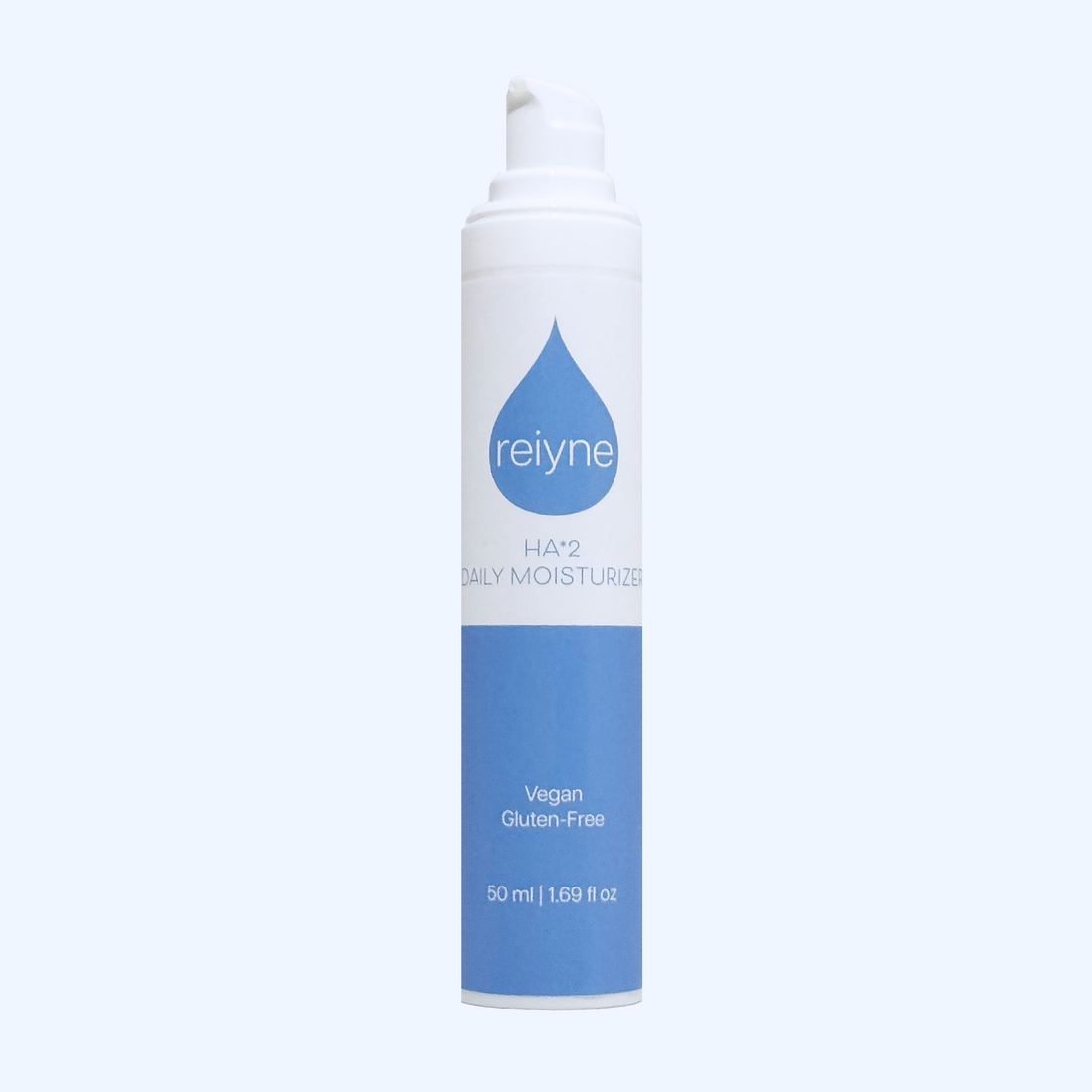 Reiyne HA*2 Daily Moisturizer in a white airless pump with blue and white label
