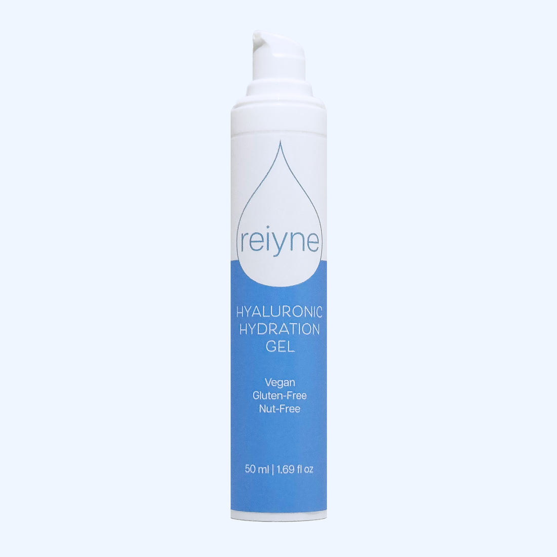 Reiyne Hyaluronic Hydration Gel front airless pump bottle and box with white and blue label