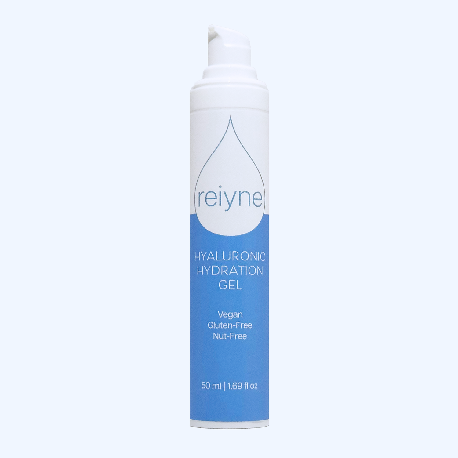 Reiyne Hyaluronic Hydration Gel front airless pump bottle and box with white and blue label