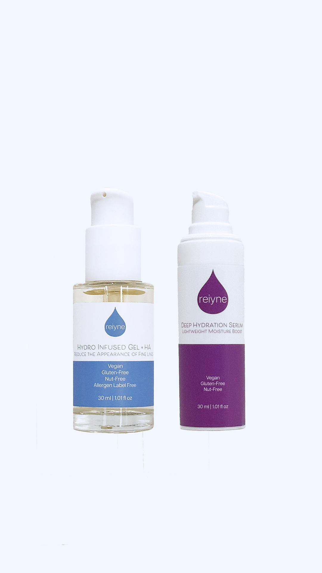 Reiyne Hydrate &amp; Glow Duo Set  contains Hydro Infused Gel plus HA  in a blue and white dropper bottle and Deep Hydration Serum in a purple and white airless pump bottle