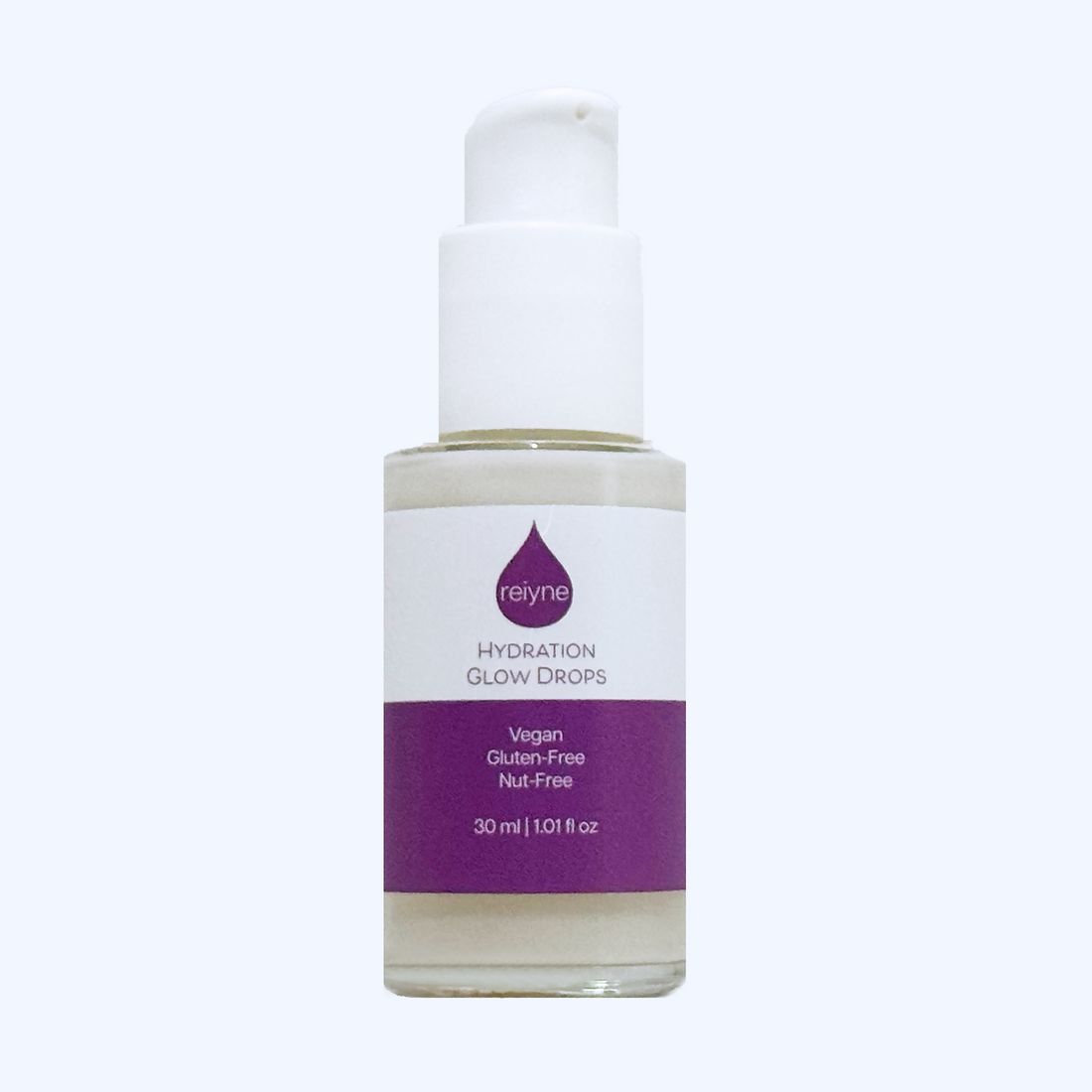 Reiyne Hydration Glow Drops in clear bottle with white airless pump and purple and white label and box