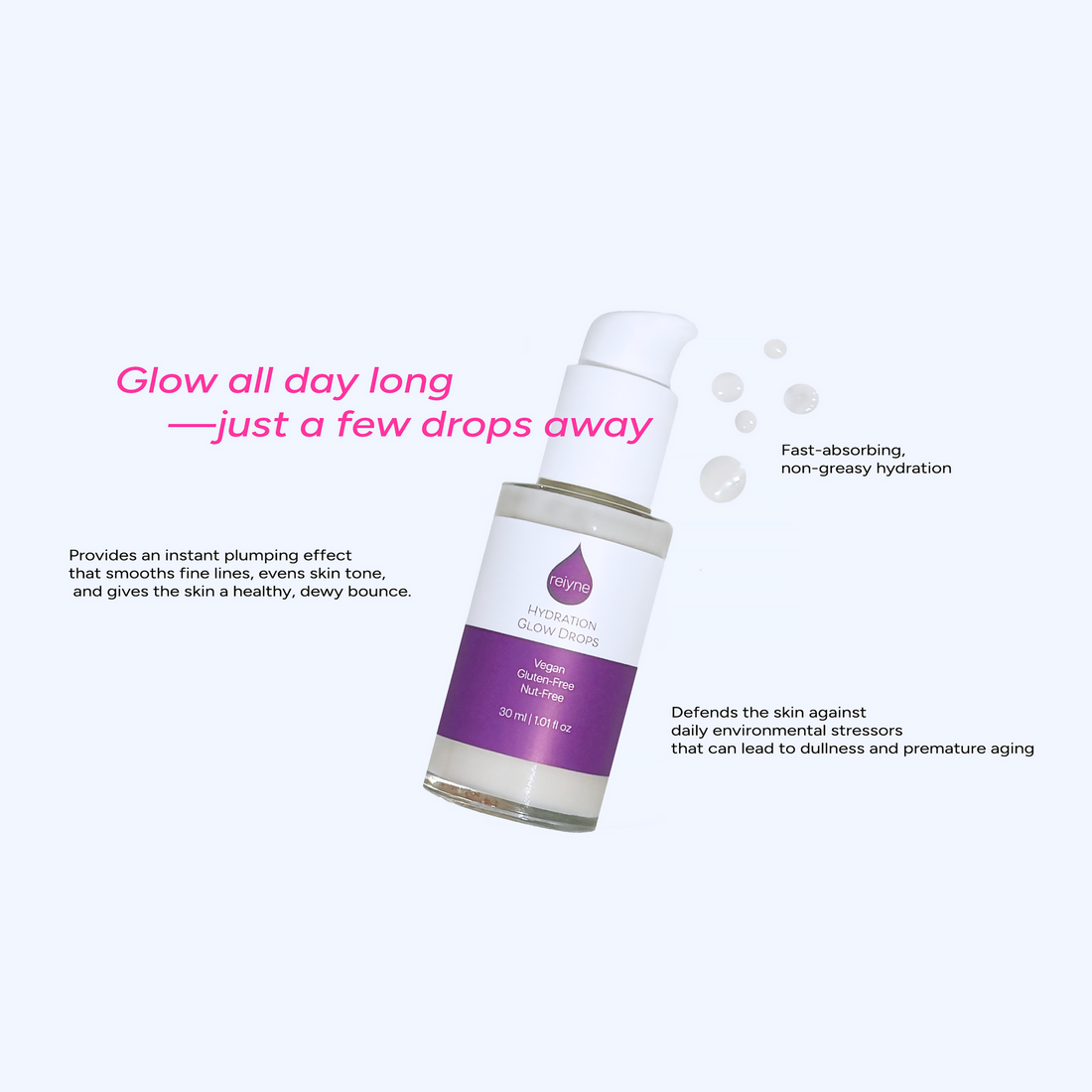 Reiyne Hydration Glow Drops in clear bottle with white airless pump and purple and white label and box