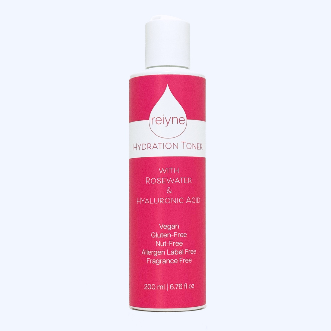 Reiyne Hydration Toner with Rosewater and Hyaluronic Acid in a white bottle with pink and white label