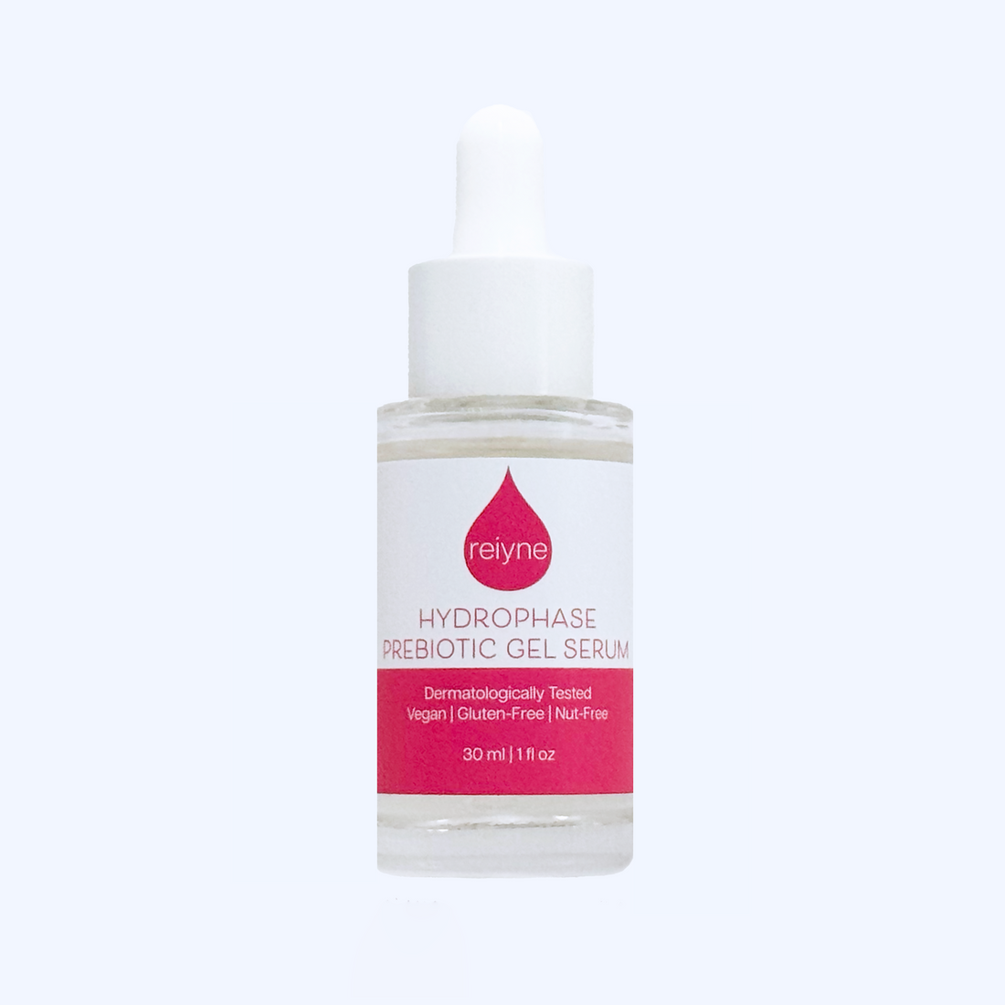 Reiyne HydroPhase Prebiotic Gel Serum in a clear bottle with white dropper and a pink and white label