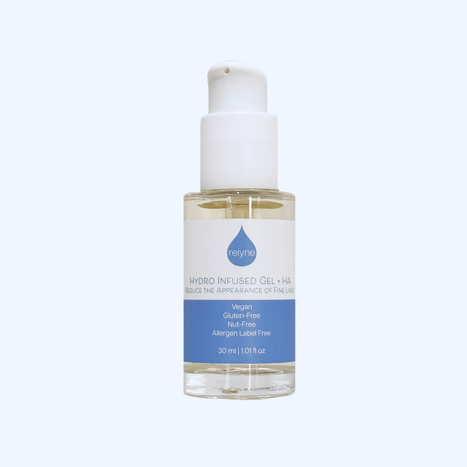Reiyne Hydro Infused Gel plus HA in a clear bottle with white airless pump and a blue and white label and box