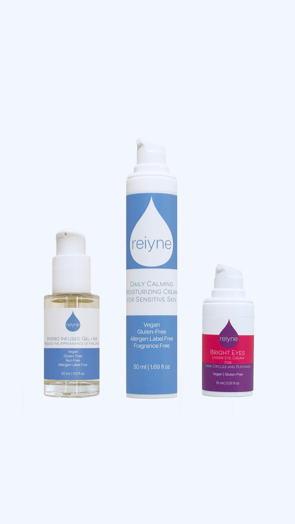 Reiyne Intense Hydration Trio Set Containing Hydro infused gel plus HA in blue and white dropper bottle with Daily Calming Moisturizing Cream in a blue and White bottle and Bright Eyes Under Eye Cream for Dark Circles in a  Purple, pink and White airless pump bottle