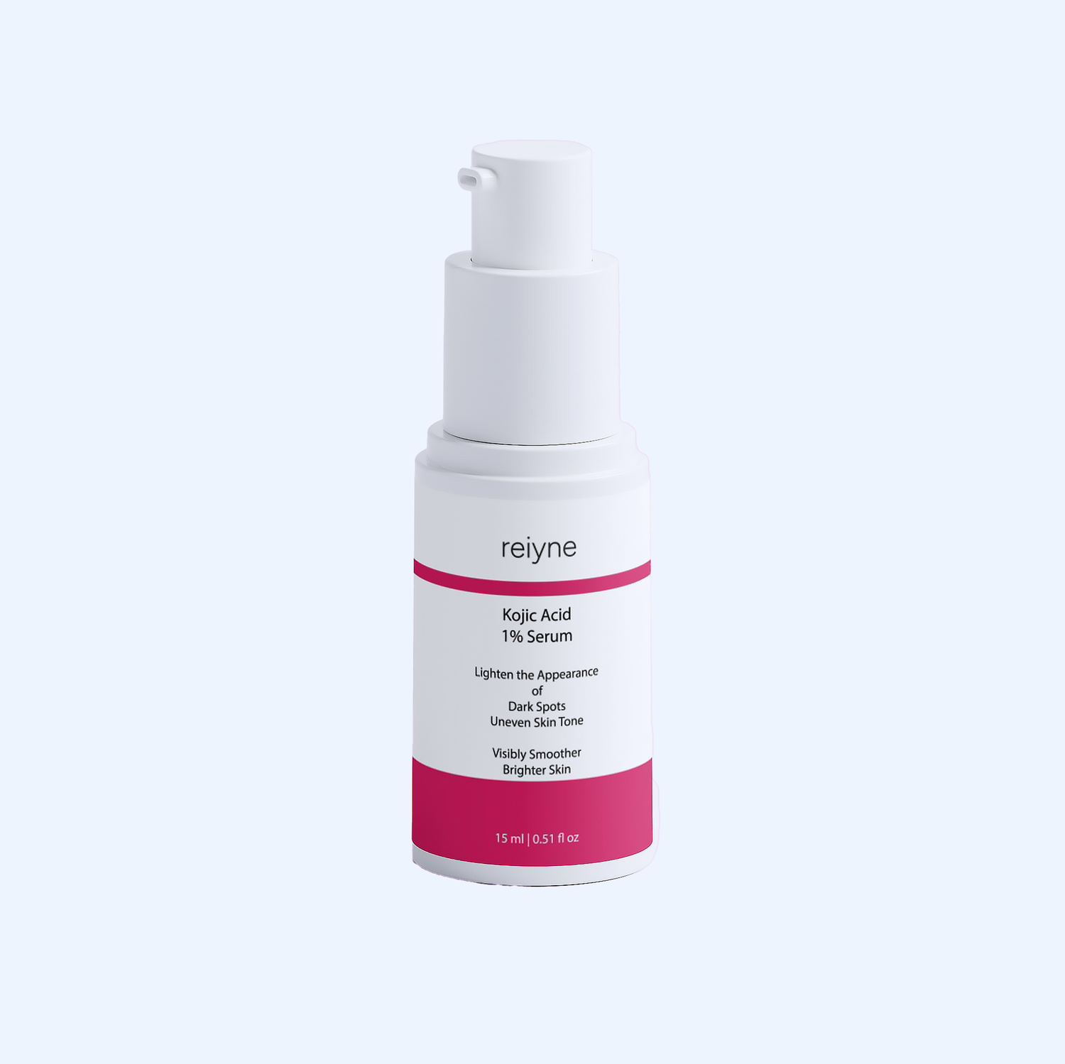 Reiyne Kojic Acid1 Serum airless pump white and pink bottle on a white background