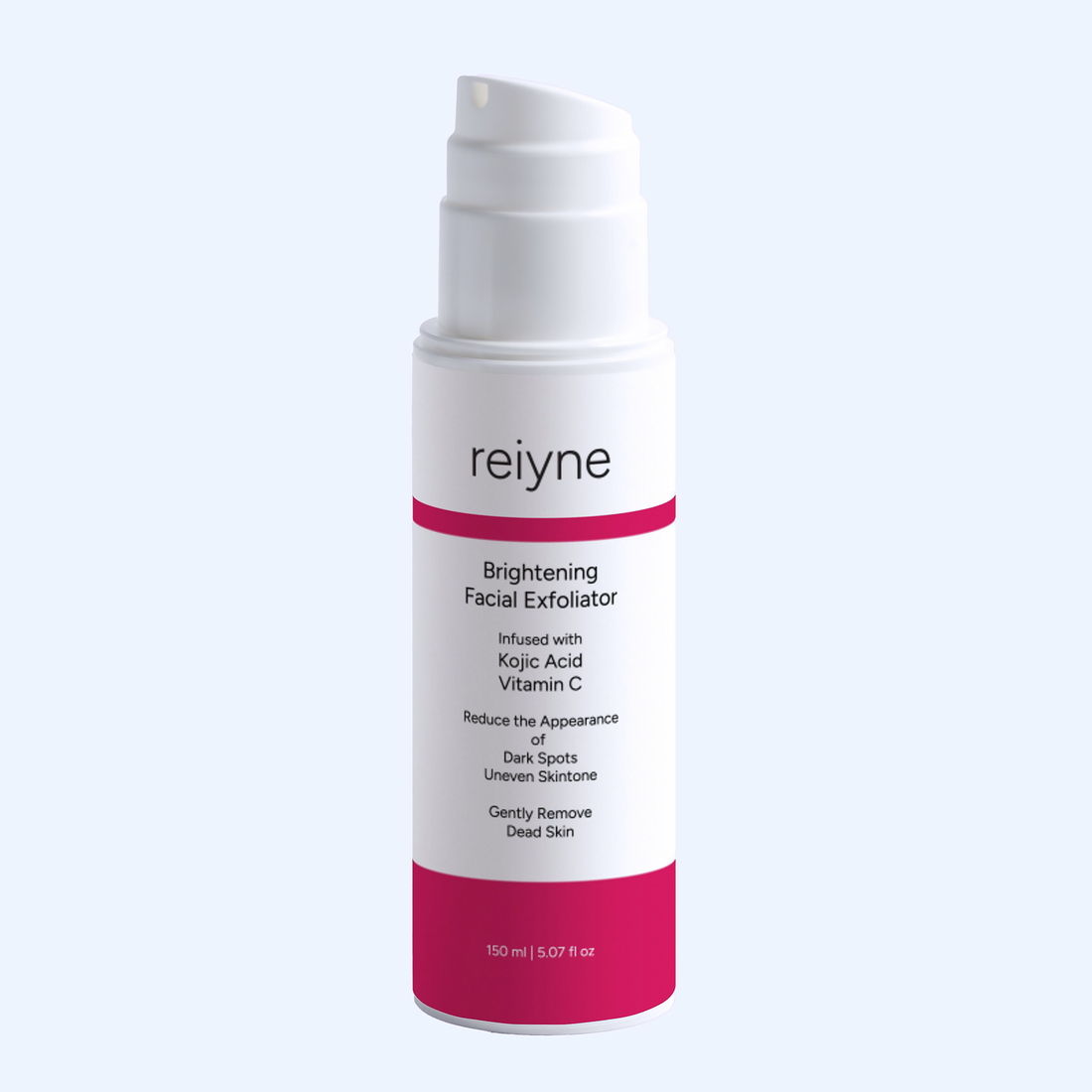 Reiyne Kojic Acid brightening facial exfoliator airless pump white and pink bottle on a white background